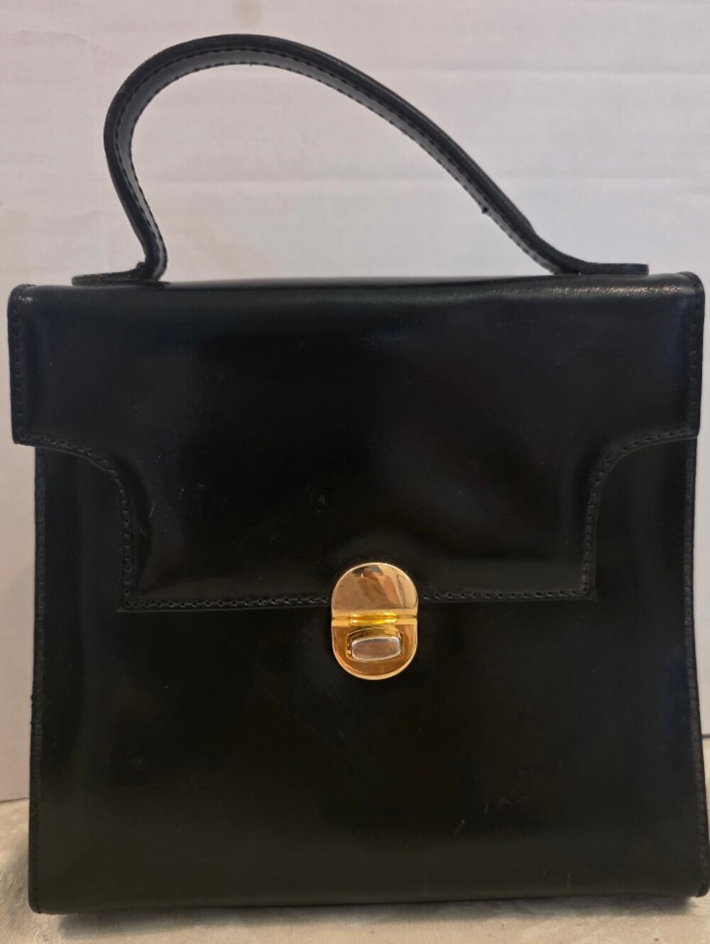 Vintage Cristian Structured Top Handle Handbag Genuine Black Leather Italy